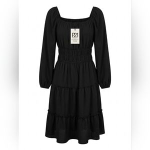 Black Ruched Smocked Long Sleeve Cocktail Dress